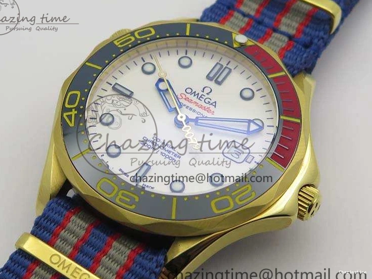 0327 Modern Seamaster 300M 007 YG URF 1:1 Best Edition White Dial Ceramic Bezel On Nylon Strap A 8115